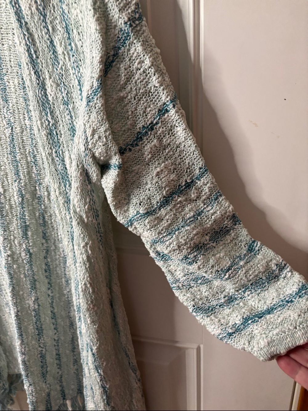 EUC Christopher & Banks Light Blue and White Striped Fringe Open-Front Cardigan - Picture 4 of 6